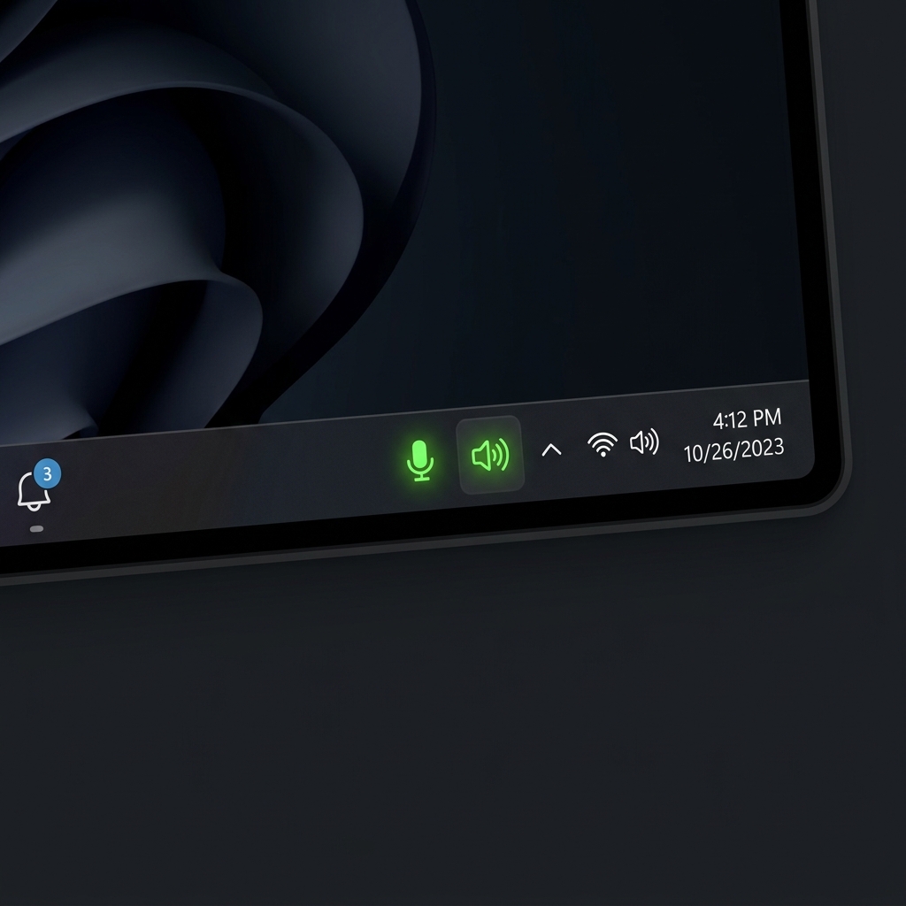 MuteGuard system tray icons showing mic and speaker status in Windows 11 taskbar